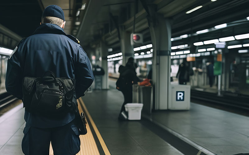 ein Sicherheitsmitarbeiter ist am Bahnhod eingesetzt
